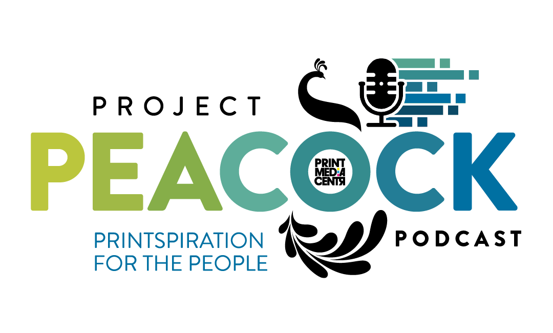 a logo with a peacock and a podcast microphone for a podcast about trends in print and marketing