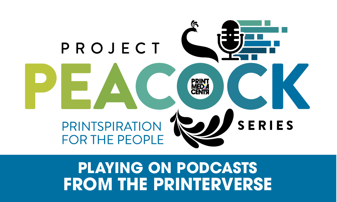 a logo with a peacock and a podcast microphone for a podcast about trends in print and marketing